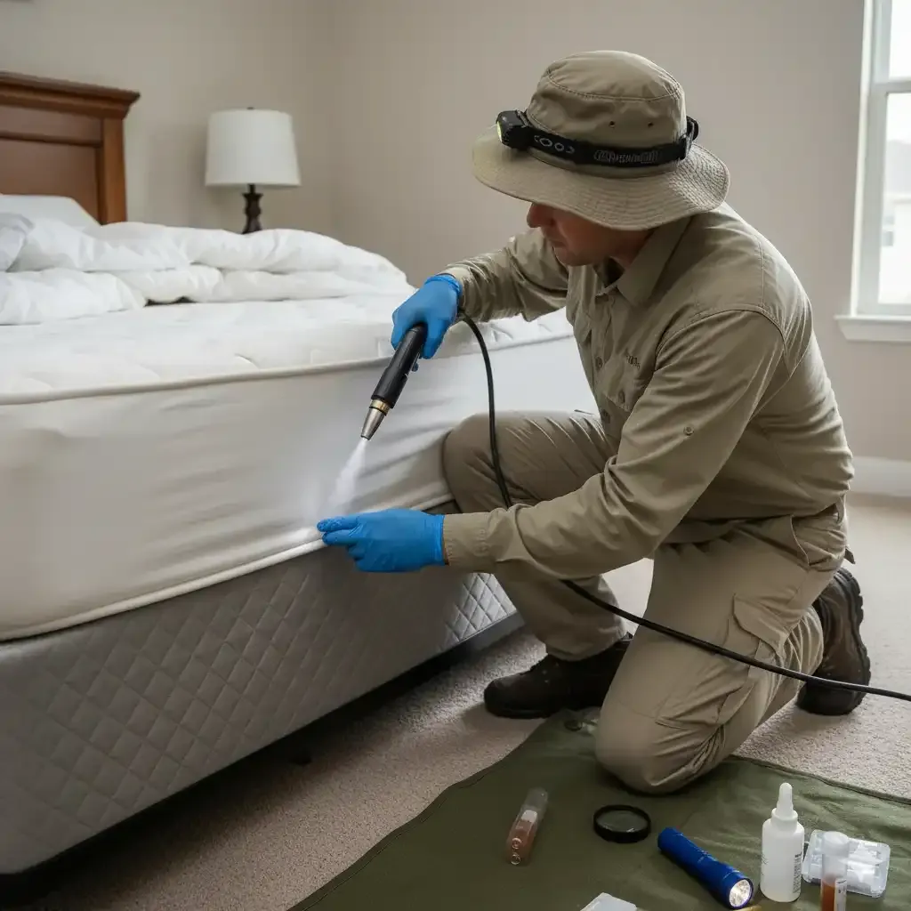 Technician applying pesticide to a mattress for bed bug removal