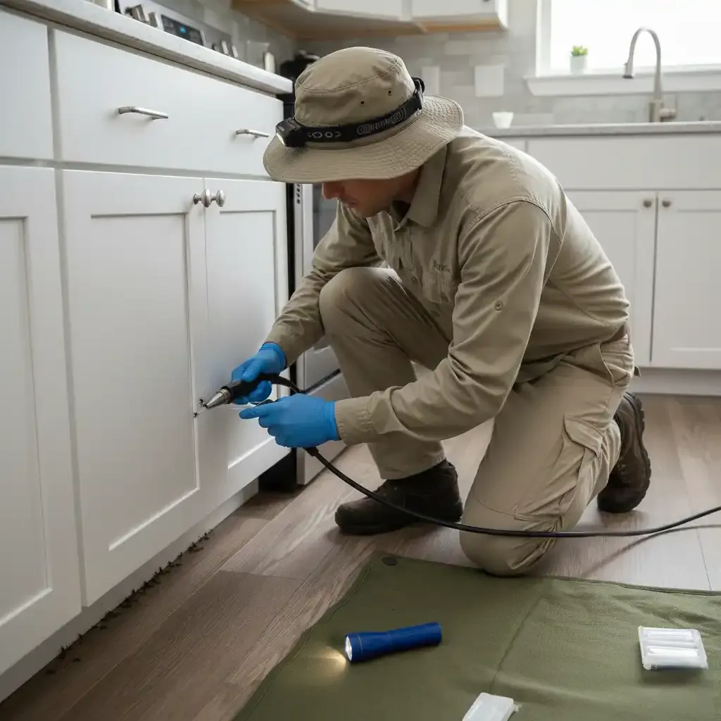 Technician treating ants indoors