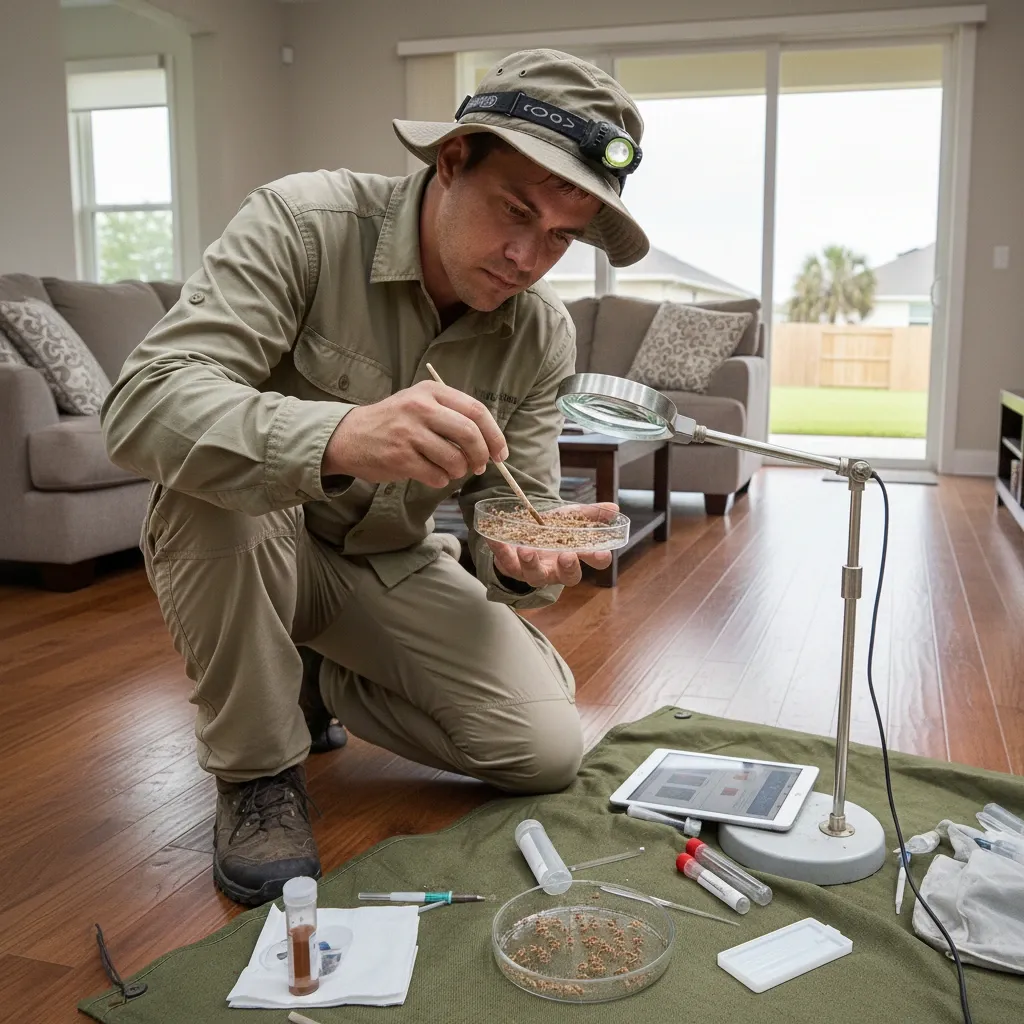Technician inspecting a sample to prevent termite damage