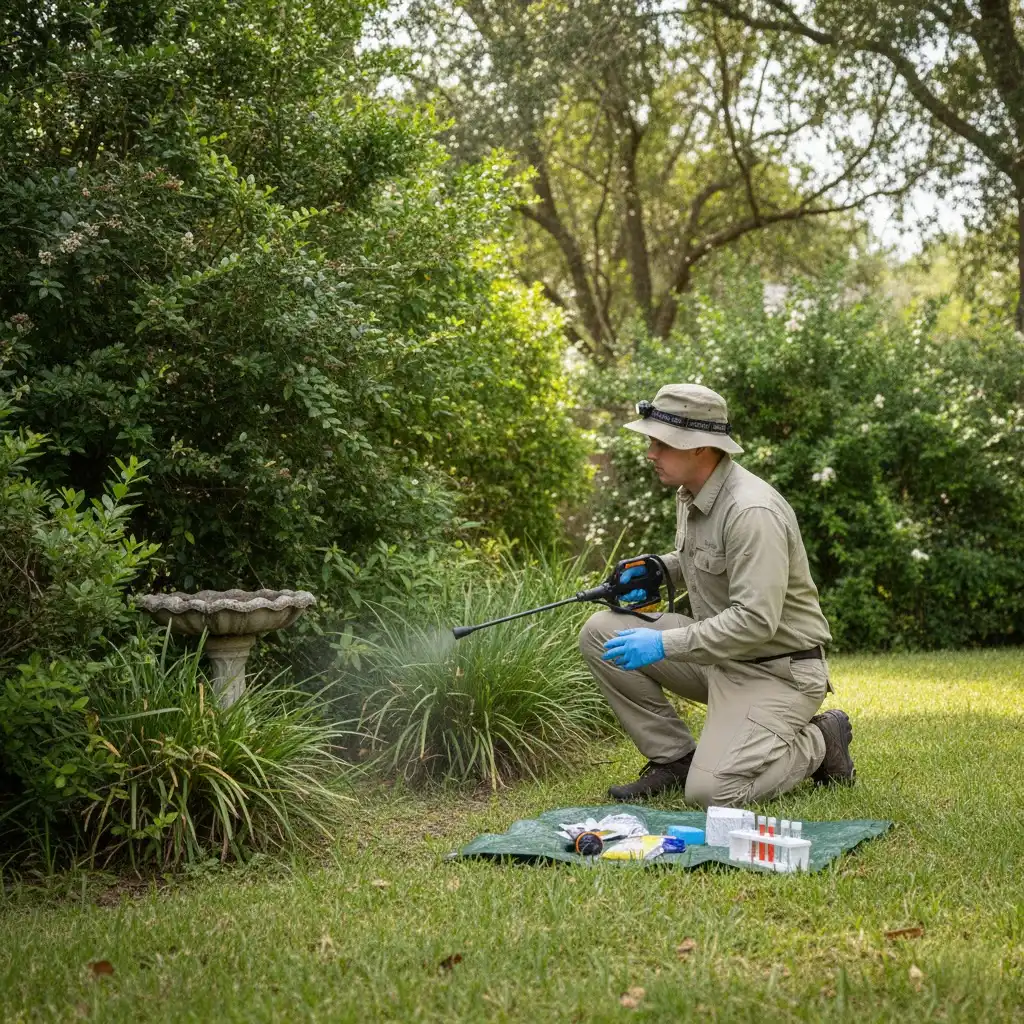 Technician applying mosquito control treatment in a residential yard