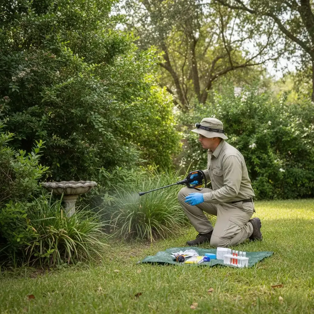 Technician applying mosquito control treatment in a residential yard