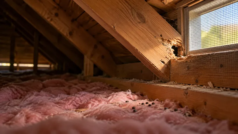 Gnawed hole in an attic rafter beside a screened vent, with rodent droppings on pink insulation below