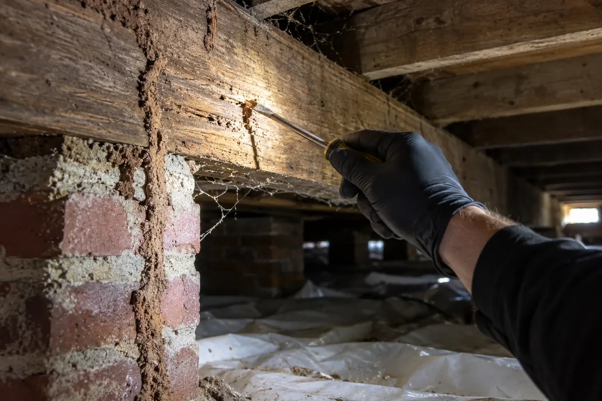 Gloved hand probing a crawl space floor joist with a screwdriver beside termite mud tubes on a brick pier