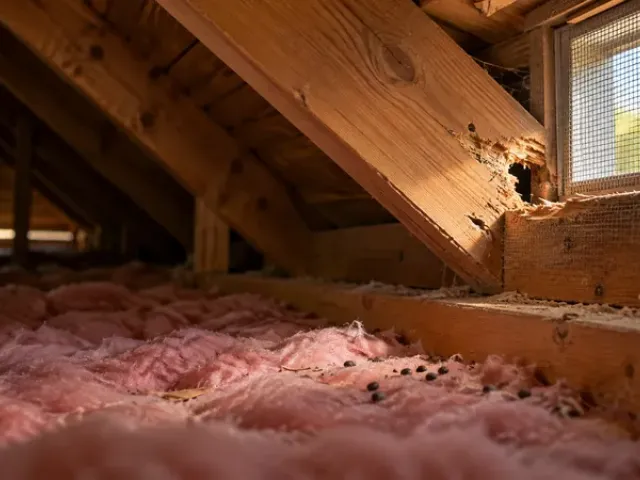 Gnawed hole in an attic rafter beside a screened vent, with rodent droppings on pink insulation below