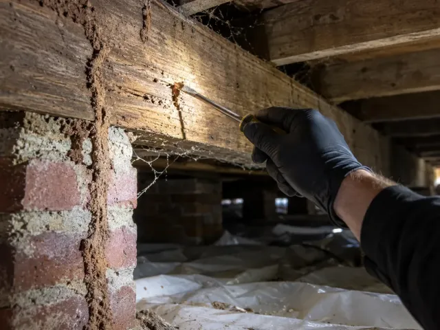 Gloved hand probing a crawl space floor joist with a screwdriver beside termite mud tubes on a brick pier